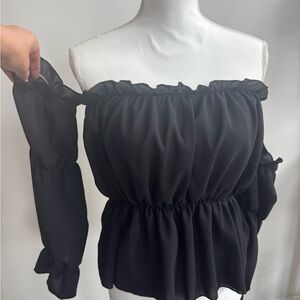 SHEIN Black Ruched Ruffled Off-Shoulder Blouse